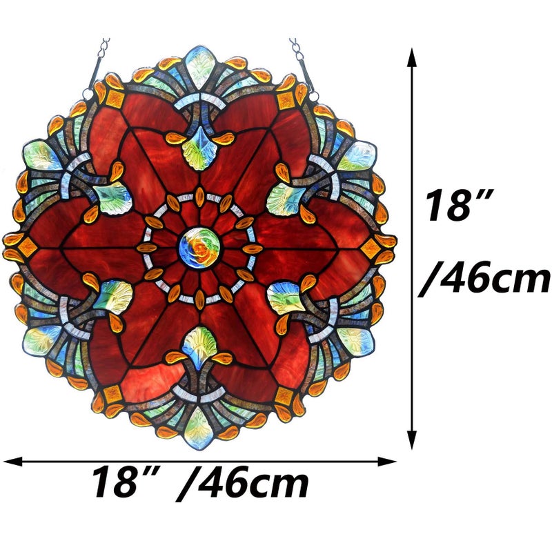 Bieye W10041 Baroque Tiffany Style Stained Glass Window Panel with Chain, 18-inch Wide Round Shape, Red - Image 4